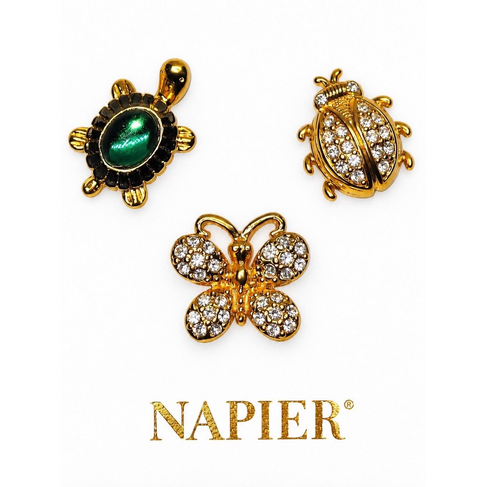 Napier Gold Tone Rhinestone Butterfly Ladybug Jelly Belly Turtle Pin Set SKUJ115